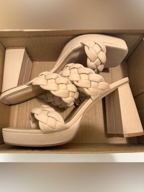 Woven Double-Strap Platform Mules in Blush